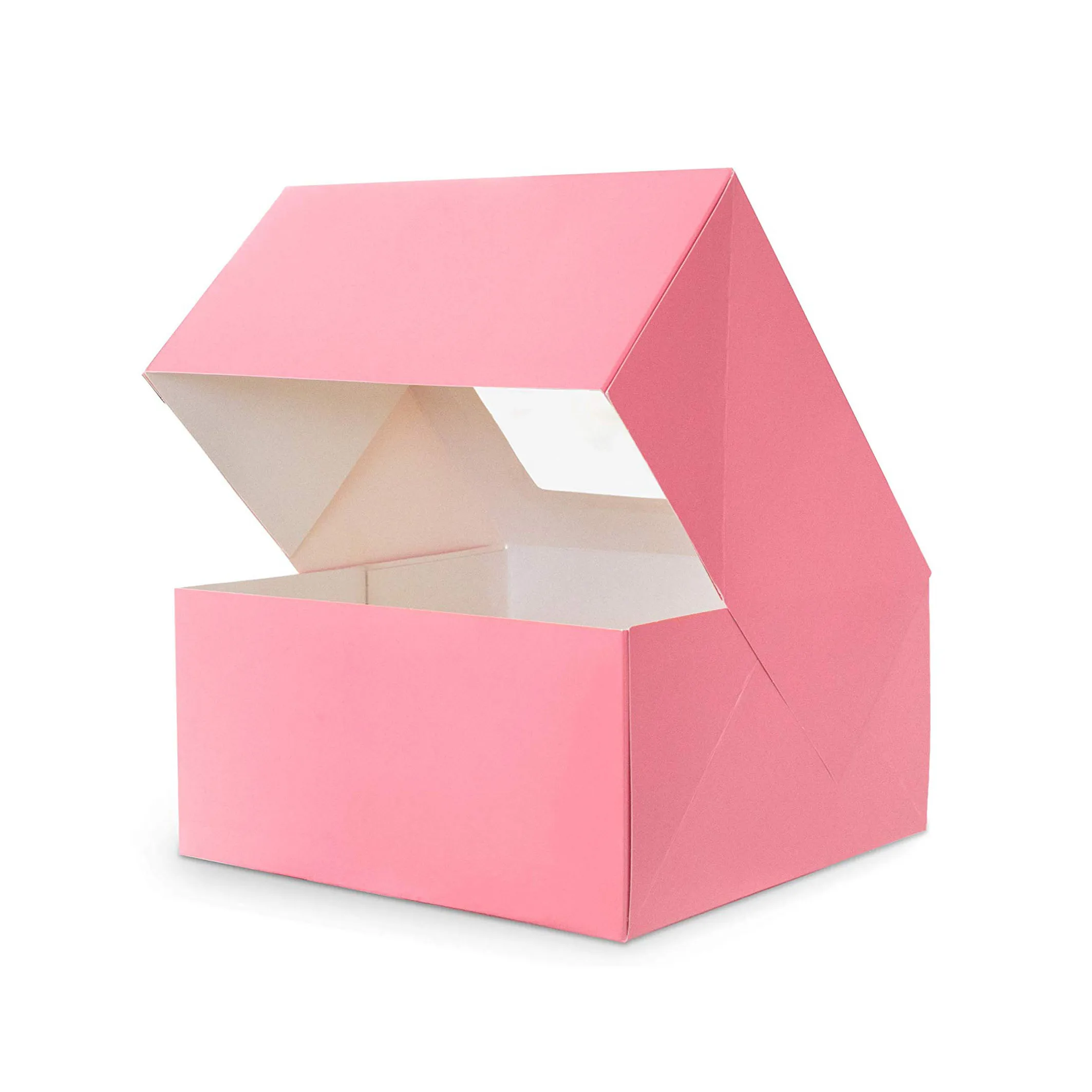 Cajas de papel personalizadas para pastel de pastelería, caja de embalaje de panadería con ventana transparente, color rosa, gran oferta, venta al por mayor