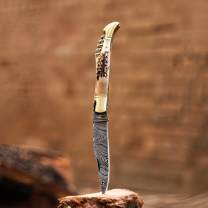 Couteau pliant artisanal en acier Damas, couteau de poche pliant avec manche en corne de cerf et étui en cuir - Product Image 2