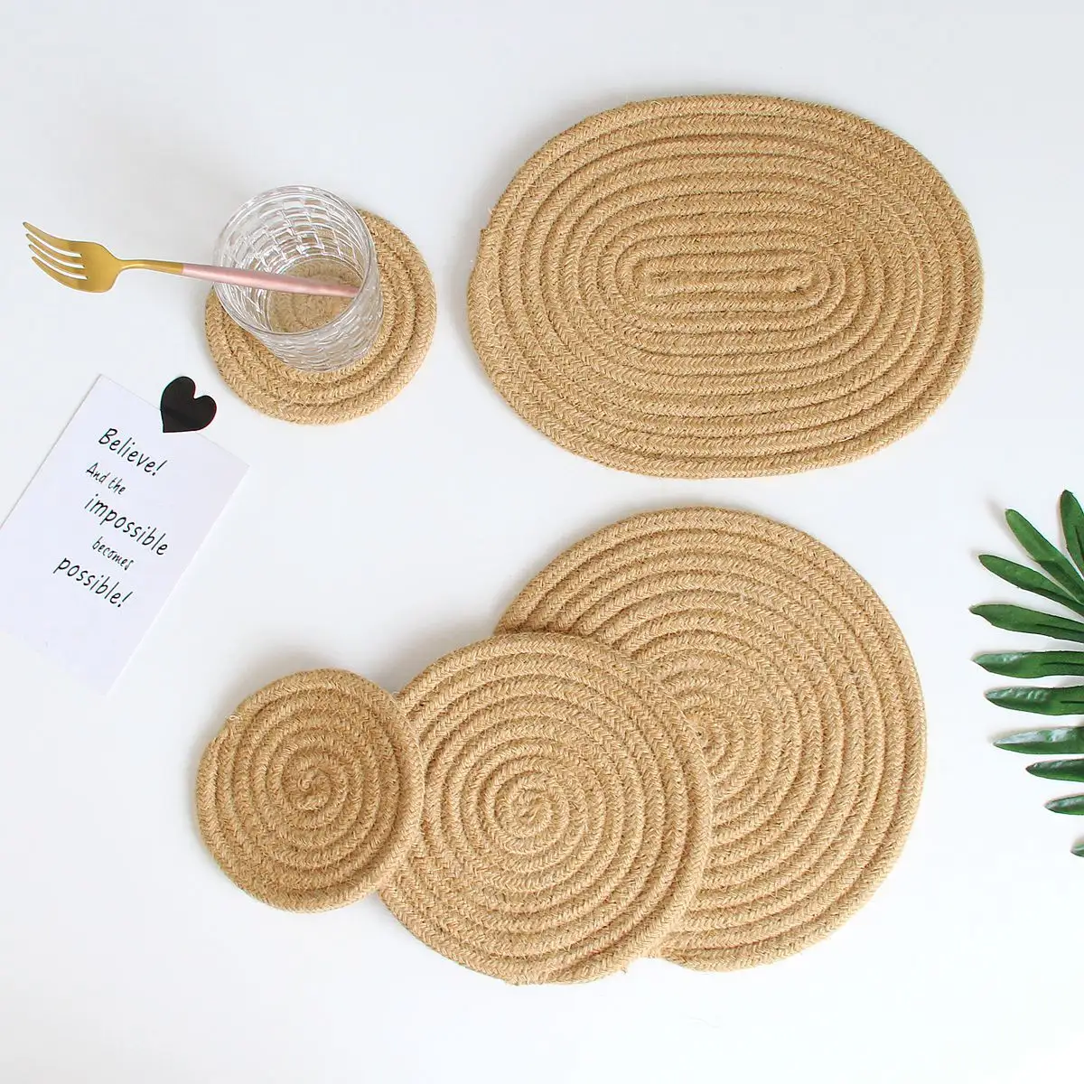 Cup Coasters Dining Table Mat Heat resistant Holder Hand Woven jute Flax oval Wicker Drink Coaster cotton linen Placemats