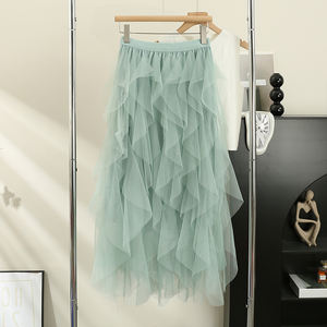 महिला का टीटू मेश स्कर्ट कैजुअल सरल रूफल्स पैचवर्क कोरियन शुद्ध रंग गुलाबी परियों के लिए गुलाबी परिश्रमी केक स्कर्ट - Product Image 6