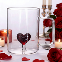 Mug à café en verre rouge en forme de cœur pour la Saint-Valentin, 12 oz, gobelet isotherme à double paroi pour cadeau, anniversaire et fête