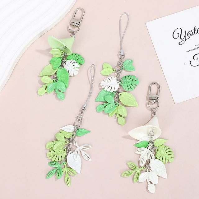 Mengda New Fresh Green Jungle Style Summer Leaf Pendant Keychain Phone Strap Earphone case Bag Charm
