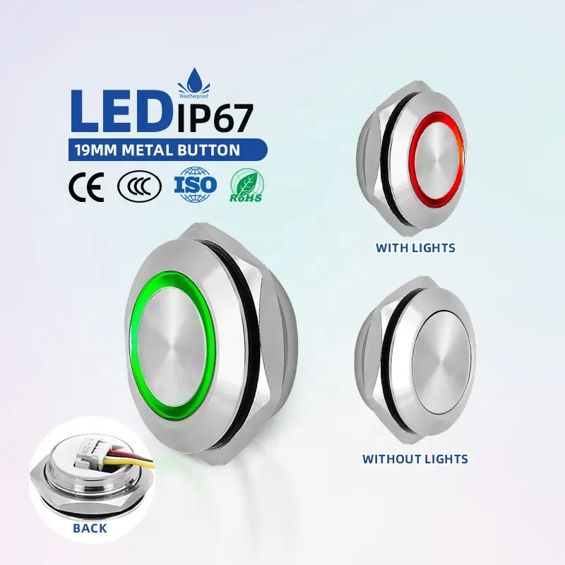 IP67 lampu saklar tombol LED logam, IP67 tahan air 19MM 1tidak ada kepala datar tipe pendek BENLEE tombol tekan ON OFF DC 24V dengan konektor