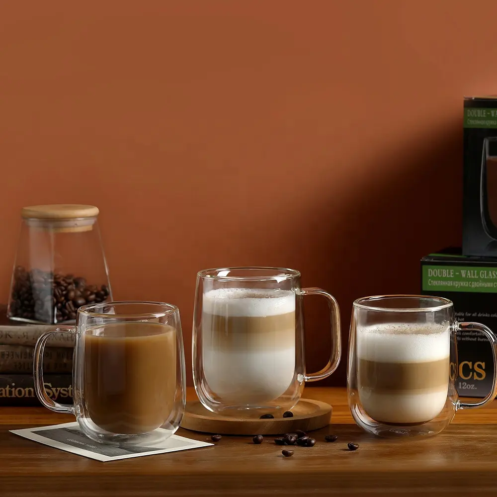 CnGlass من المصنع مباشرة كوب قهوة زجاجي عالي الجودة مصنوع يدويًا بجدار مزدوج-قهوة مع مقبض