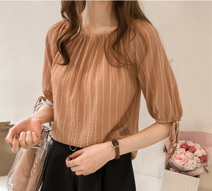 <span class=keywords><strong>Camicetta</strong></span> da donna in chiffon a righe verticali, con <span class=keywords><strong>spalle</strong></span> <span class=keywords><strong>scoperte</strong></span>, scollo rotondo, due modi di indossare, maniche a sbuffo con laccetti, per il lavoro, tutti i giorni, casual, appuntamenti - Product Image 2