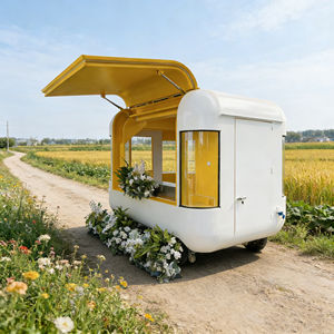 Carrito de Postres Móvil de Acero Inoxidable con 4 Ruedas, Decoración Floral Personalizada en Amarillo y Blanco para Helados, Comida Rápida, Mercado Nocturno y Pastelería - Product Image 4