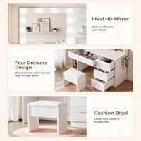 Coiffeuse et table de maquillage blanche moderne avec miroir LED style Hollywood et 4 tiroirs de rangement pour chambre à coucher