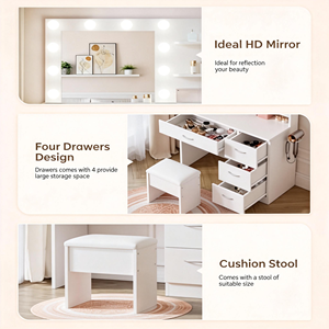 <span class=keywords><strong>Coiffeuse</strong></span> et table de maquillage blanche moderne avec miroir LED style <span class=keywords><strong>Hollywood</strong></span> et 4 tiroirs de rangement pour chambre à coucher - Product Image 4