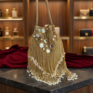 Pochette de soirée trapèze dorée perlée avec franges de perles, faite à la main, à ouverture facile, élégante pour les soirées - Product Image 2