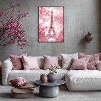 Impression d'art numérique 40x50cm : Paysage romantique moderne de la Tour Eiffel de Paris au coucher du soleil rose éclatant, encadré numérique pour décoration murale