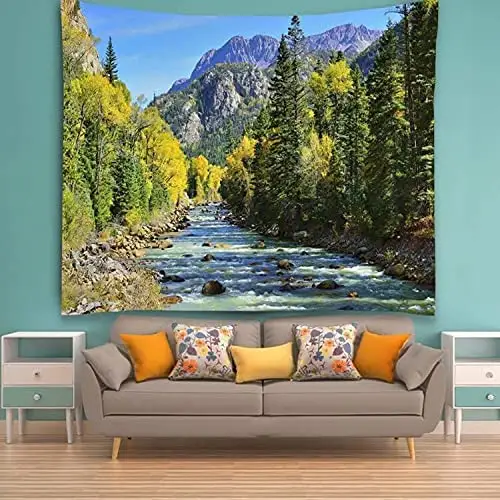 Forest tapestry landscape green pine waterfall landscape wall hanging tapestry is suitable for home office