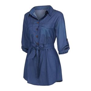 Tela de algodón azul Casual moda Jean <span class=keywords><strong>vestido</strong></span> Sexy <span class=keywords><strong>verano</strong></span> señoras de talla grande mujeres <span class=keywords><strong>vestido</strong></span> de mezclilla con cinturón - Product Image 3