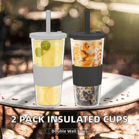 Lot de 2 gobelets en plastique à double paroi de 0,5 L avec couvercles à vis et pailles, tasses de voyage réutilisables pour café, jus et bubble tea