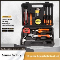 Ensemble d'outils combinés en acier au carbone de 16 pièces avec stylo testeur électrique, clé hexagonale, marteau, pinces, ruban à mesurer