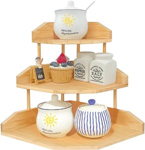 3-Tier Solid Wood <strong>Corner</strong> <strong>Console</strong> <strong>Table</strong> Open Shelves Modern Display Storage Rack Living Room Entry Home Office Garage Grey Green - Product Image 1