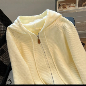 Women Hooded <b>Zipper</b> Knit Cardigan Loose Fit Solid Color Early Autumn <b>Top</b> Anti-Pilling Design - Product Image 2