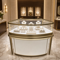 Comptoir à bijoux à coins arrondis, cadre en bronze antique doré, vitrine en verre trempé pour bijouterie de luxe