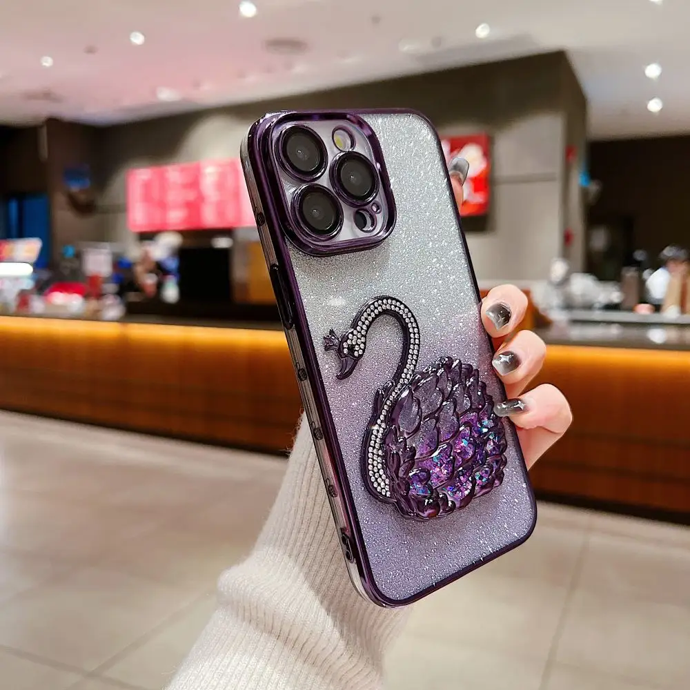 Glitter Bling kuğu desen cep telefonu iPhone kılıfları 15 Pro 3D degrade tasarım telefon kılıfı lüks iphone15 için 14 13 12