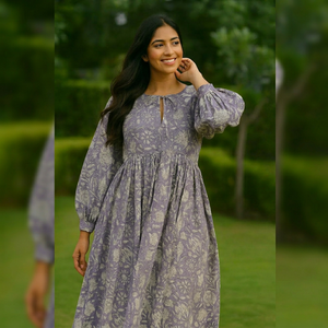 Ethnic White Floral Hand Print Purple Cotton Midi <b>Dress</b> With Tie Neck Puff Sleeve <b>Loose</b> Fit Casual Summer <b>Dress</b> For Women - Product Image 1
