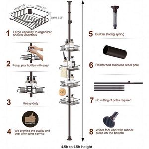 Modern Telescopic Metal <b>Corner</b> Shower Rack Four Tier Circular Height Adjustable Free <b>Stand</b> Extension Bathroom Shelf - Product Image 4