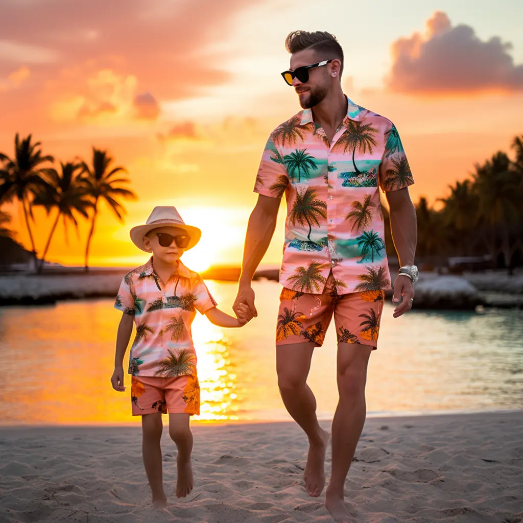 Custom logo design pattern allover printing family father and son vacation shirts regular casual loose summer beach shirt