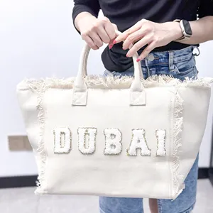 Monogram kişiselleştirilmiş stok RTS Dubai kadın katlanabilir bez çanta tuval kol çantası çanta tuval saçak büyük plaj çantası