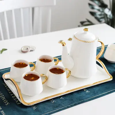 Luxury 8pcs Porcelain Coffee Tea Set with Gold Decor Ceramic Tea Pot and Cup Set