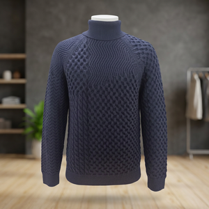 Men's Navy Blue Turtleneck <b>Knitted</b> <b>Sweater</b> Geometric Pattern Full Sleeve Thick Winter Pullover - Product Image 1