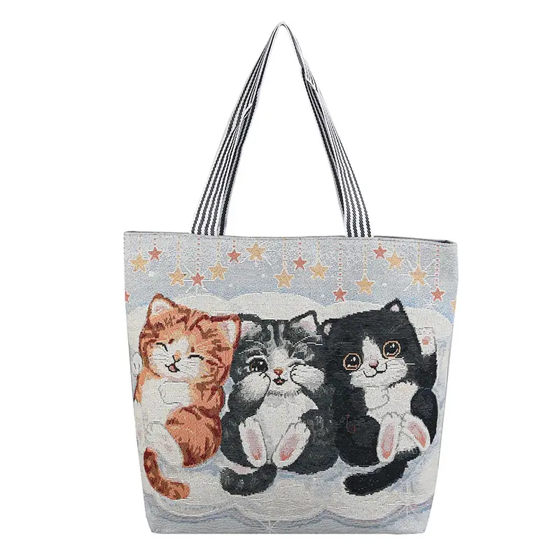 Wholesale Casual Ladies Shoulder Bag Large Capacity Lovely Cat Painted Canvas Tote Bags Women's Handbags For Shopping