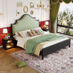 Lit rembourré en bois massif, double, avec dossier haut, en tissu vert, meubles de chambre à coucher - Product Image 1