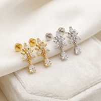 Anting-anting gantung bunga CZ berlapis emas 18K, zirconia bentuk tetesan air mata mungil, dengan paku datar, aman untuk tindik labret, perhiasan untuknya