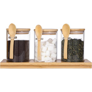 Frascos de Vidrio de 10 oz con Tapas de Bambú y Cucharas, Recipientes Herméticos para Cocina, Almacenamiento de Café, Azúcar, Granos, Té, Alimentos, con Logotipo - Product Image 1