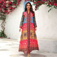 Robe longue musulmane de luxe multicolore à imprimé ethnique 2026 Dubaï, col en V, manches cloche, tenue Abaya modeste