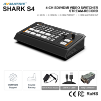 AVMATRIX SHARK S4 Commutateur vidéo de diffusion en direct 4 canaux 2 entrées SDI 2 entrées HDMI PIP DSK Logo Enregistrement RTMP sur carte SD pour la diffusion