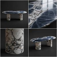 Table à manger ovale moderne personnalisée en marbre gris naturel et blanc éléphant, avec bases en piédestal cannelées, finition brillante, mobilier de luxe en pierre