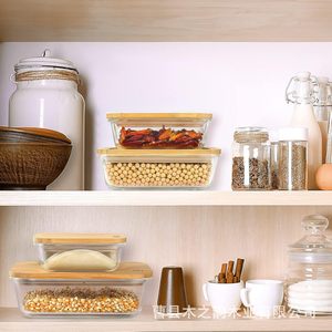 <b>Bamboo</b> Lid Glass Food Preservation Bowl Rectangle Airtight Storage <b>Container</b> Set For Kitchen Use - Product Image 3