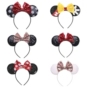 Nueva Diadema con lazo de Mickey de lentejuelas, lazos de pelo personalizados para niñas, accesorios para el cabello con lazo de Mickey Mouse, parque de atracciones Dre