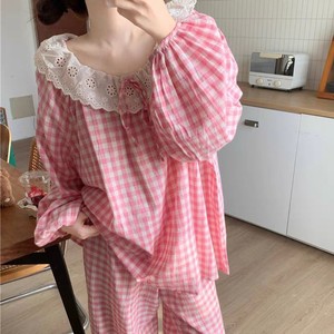 <strong>Sweet</strong> Women's Pajamas with Large Lace Collar and Plaid Trim - Spring and Autumn <strong>Home</strong> Wear Set Breathable - Product Image 3