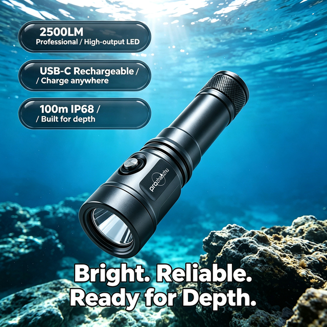 2500LM Professional LED Dive Light IP68 100M Waterproof USB-C Rechargeable Scuba Diving Flashlight for Night Cave Spearfishing
