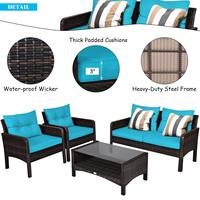 Ensemble de 4 pièces en rotin turquoise pour patio, meubles d'extérieur en osier, canapés de jardin, coussins de causeuse de jardin, dessus en verre, café.