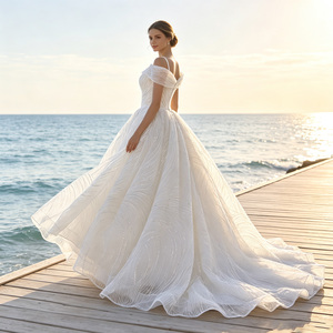 Nuevo Diseño Elegante <span class=keywords><strong>de</strong></span> Lentejuelas Vestido <span class=keywords><strong>de</strong></span> <span class=keywords><strong>Novia</strong></span> <span class=keywords><strong>de</strong></span> Gala con Hombros Descubiertos y Cuello en V Manga Corta Encaje Moderno Teñido Liso - Product Image 2