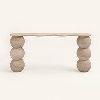 Table console moderne en travertin beige clair avec pieds sphériques - Meubles en pierre naturelle pour cuisine et salon