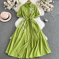 Robe d'été à manches courtes pour femmes, nouveau style chinois, brodée, avec lacet et à la taille.