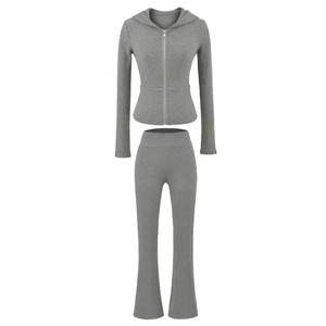 Ensemble décontracté en coton pour femmes, veste en tricot unie à fermeture éclair intégrale et pantalon évasé à revers aux genoux, 2 pièces - Product Image 2