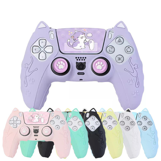 Anti-Slip Cute Cat Ear Silicone Cover for PS5 Controller Joystick Caps Cat Paw Touchpad Stickers Set Protective Skin