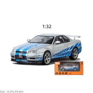 JLF GTR-R34 Skyline 1:32 Coche de juguete de aleación fundida a presión con sonido y luz, modelo de metal con retroceso, adorno para coche, puertas que se abren, decoración todoterreno - Product Image 1