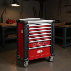 Armoire à outils Usag Racing 519 à 7 tiroirs, chariot de rangement d'atelier roulettes rouges et argentées - Product Image 3