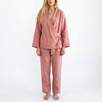 Ensemble Kimono et Pantalon Large en Lin Rose Poudré Écologique Respirant de Haute Qualité pour Femme, Manches Longues, Style Cache-Cœur, Tenue Décontractée avec Ceinture à la Taille