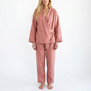 Ensemble Kimono et Pantalon Large en Lin Rose Poudré Écologique Respirant de Haute Qualité pour Femme, Manches Longues, Style Cache-Cœur, Tenue Décontractée avec Ceinture à la Taille - Product Image 1
