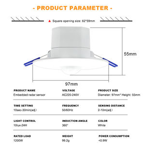 Nuevo AC220 240V 5,8 Ghz agujero 62mm 360 grados interior empotrado pared montaje en <span class=keywords><strong>techo</strong></span> microondas Sensor de <span class=keywords><strong>movimiento</strong></span> <span class=keywords><strong>Detector</strong></span> para luces LED - Product Image 2